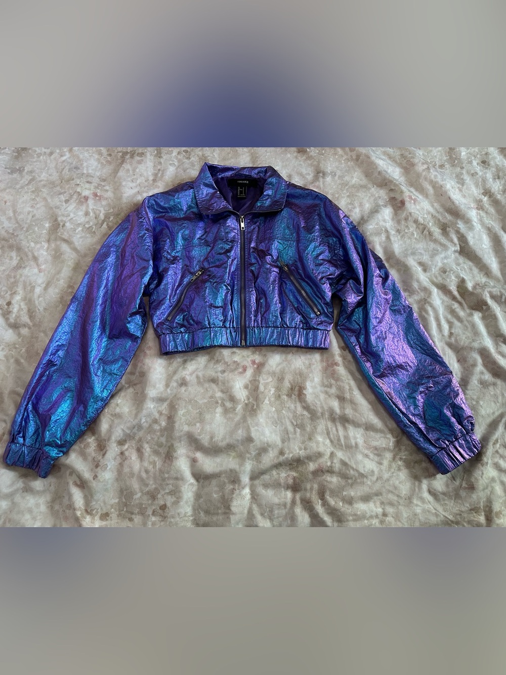 Forever 21 Iridescent Blue-Purple Cropped Bomber Jacket